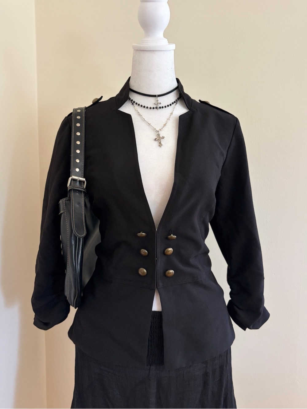 Vintage Y2K napoleon black military jacket double breasted buttons boho indie M